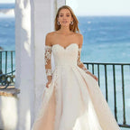 Word Wedding Dresses Women's Elegant Bohemian Beaded Sweetheart Princess Off Shoulder Long Sleeve Lace Applique Bride Gowns