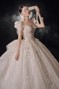 Gorgeous Puff-Sleeve Ball Gown Sweetheart Neckline Beaded Lace Wedding Dress with Ruffled Train E-309