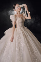 Gorgeous Puff-Sleeve Ball Gown Sweetheart Neckline Beaded Lace Wedding Dress with Ruffled Train E-309