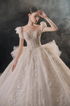 Gorgeous Puff-Sleeve Ball Gown Sweetheart Neckline Beaded Lace Wedding Dress with Ruffled Train E-309