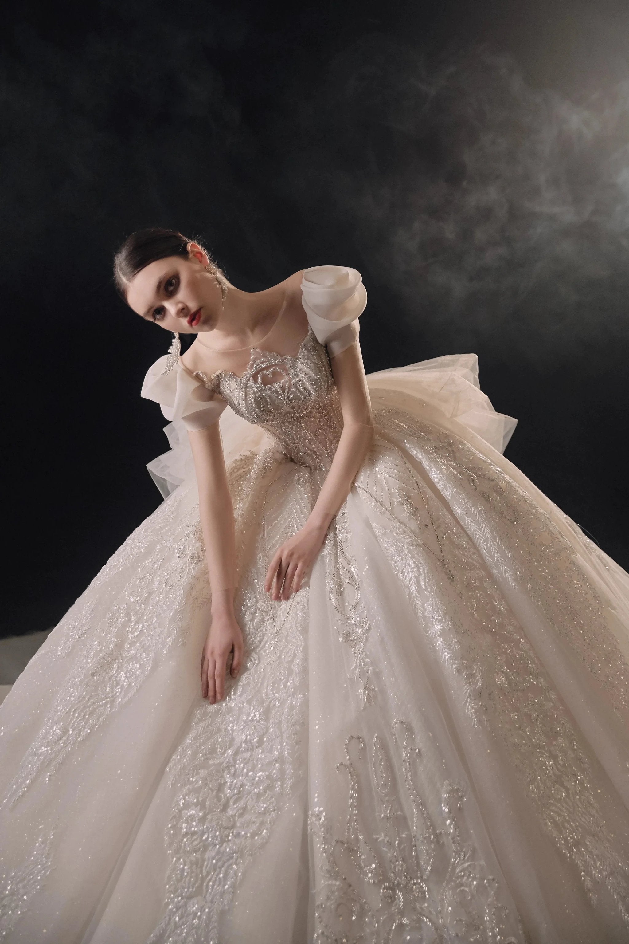 Gorgeous Puff-Sleeve Ball Gown Sweetheart Neckline Beaded Lace Wedding Dress with Ruffled Train E-309