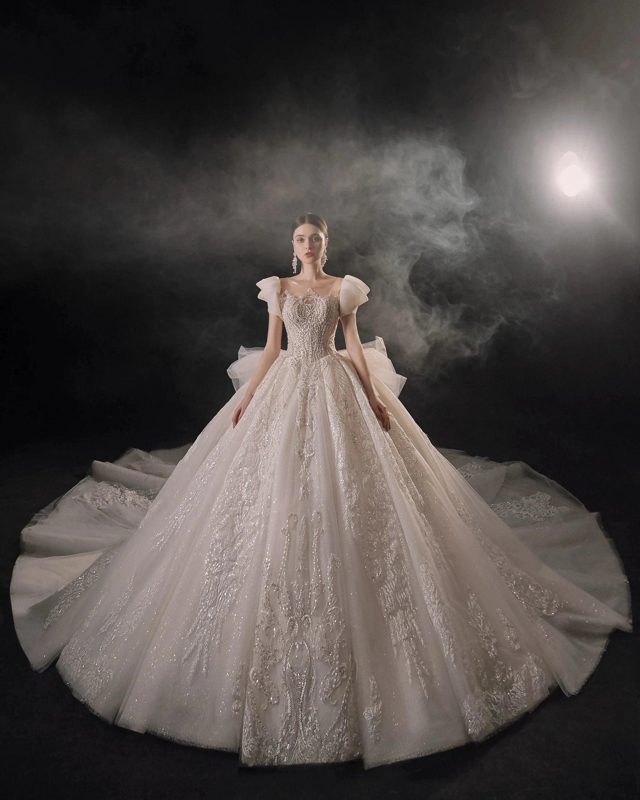 Gorgeous Puff-Sleeve Ball Gown Sweetheart Neckline Beaded Lace Wedding Dress with Ruffled Train E-309