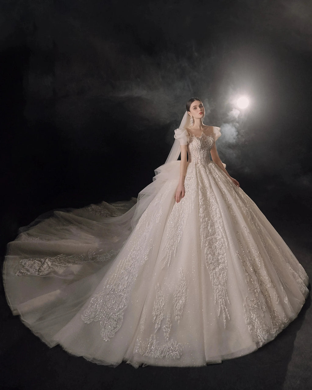Gorgeous Puff-Sleeve Ball Gown Sweetheart Neckline Beaded Lace Wedding Dress with Ruffled Train E-309