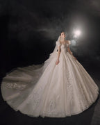 Gorgeous Puff-Sleeve Ball Gown Sweetheart Neckline Beaded Lace Wedding Dress with Ruffled Train E-309