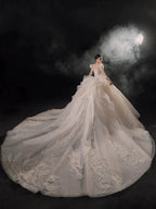Gorgeous Puff-Sleeve Ball Gown Sweetheart Neckline Beaded Lace Wedding Dress with Ruffled Train E-309