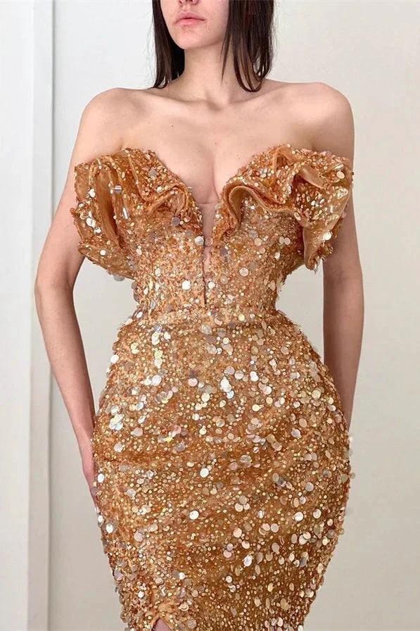 Long V Neck Pleated Sequins Mermaid Prom Dress With Slit