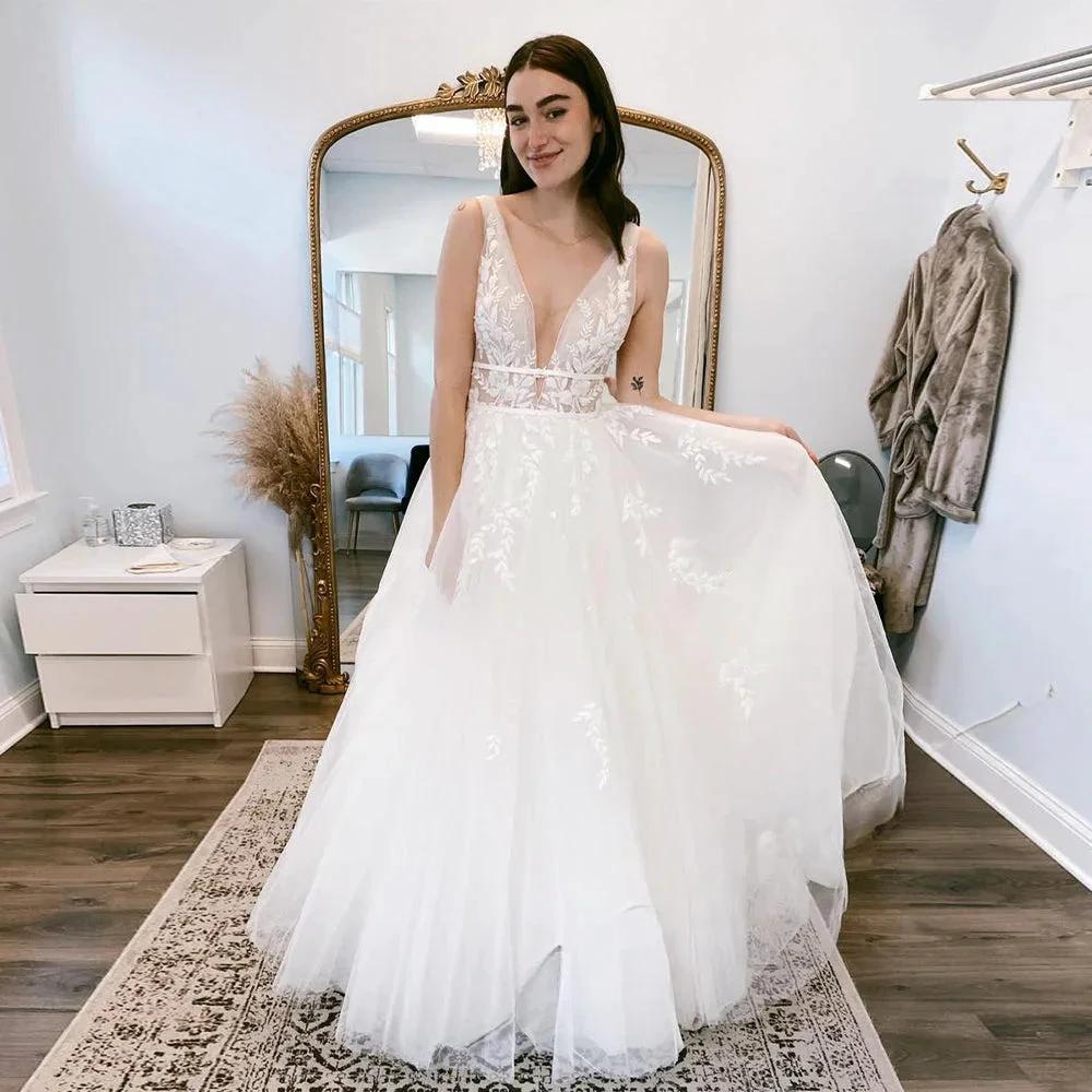 Pastrol  Wedding Dresses V-neck Backless Tulle For Women 2023 Bride A-LINE Appliques Vestidos De Novia Made To Order