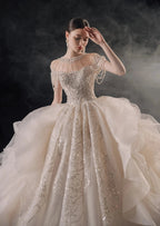 Glamorous Illusion Neckline Ball Gown Beaded Lace Fringe Trim Ruffled Train Wedding Dress E-307