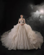 Glamorous Illusion Neckline Ball Gown Beaded Lace Fringe Trim Ruffled Train Wedding Dress E-307