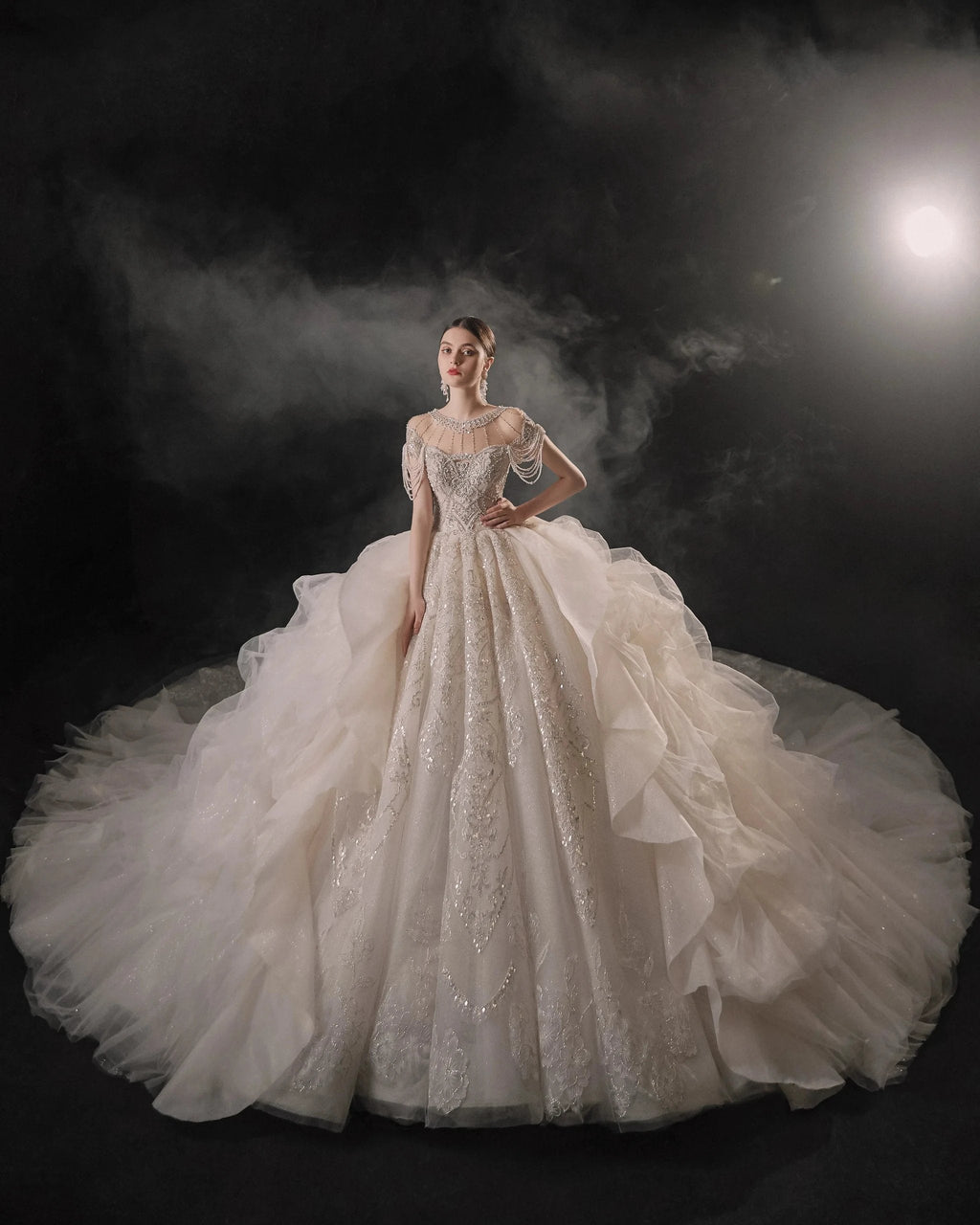 Glamorous Illusion Neckline Ball Gown Beaded Lace Fringe Trim Ruffled Train Wedding Dress E-307