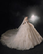 Glamorous Illusion Neckline Ball Gown Beaded Lace Fringe Trim Ruffled Train Wedding Dress E-307