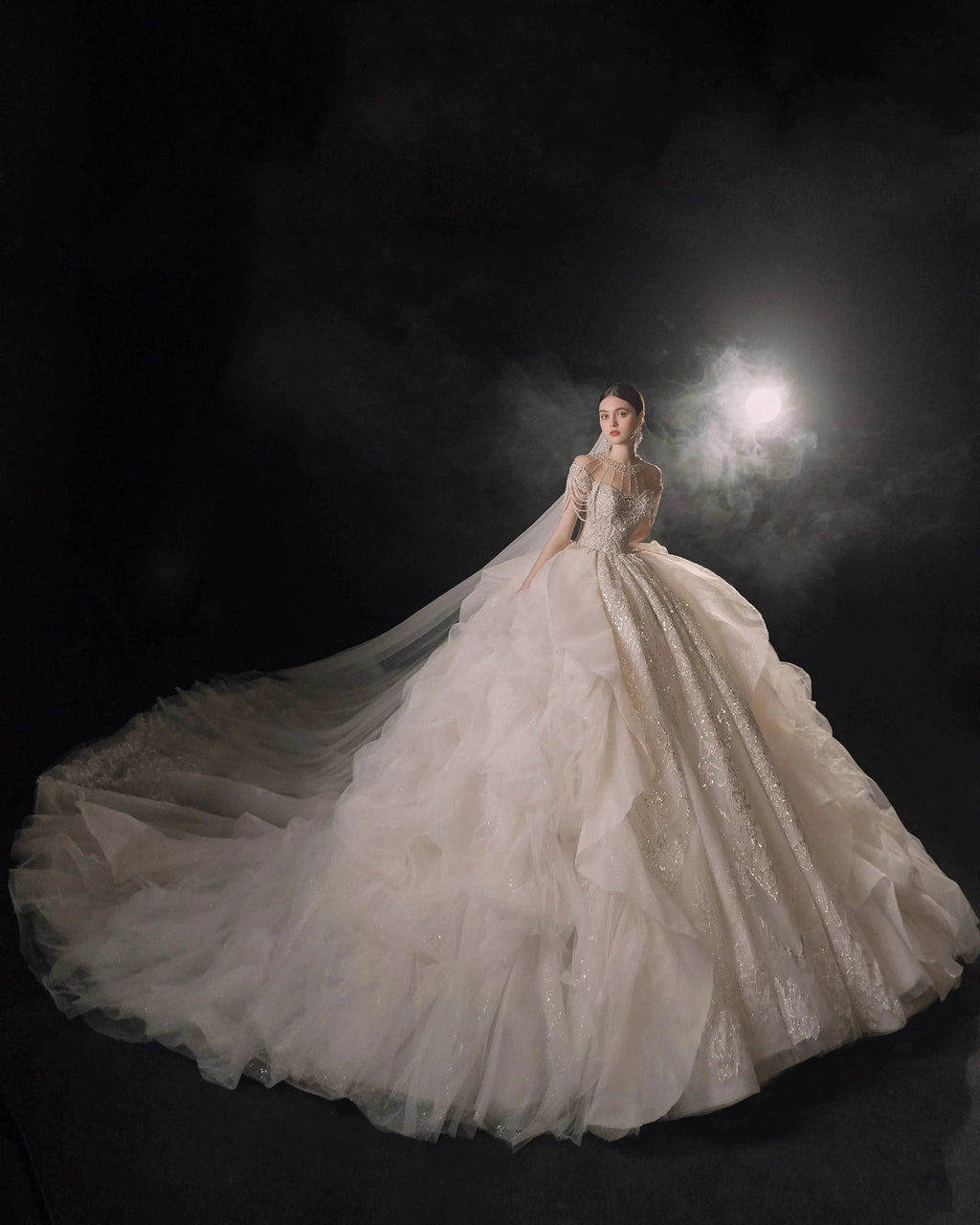 Glamorous Illusion Neckline Ball Gown Beaded Lace Fringe Trim Ruffled Train Wedding Dress E-307