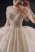 Glamorous Illusion Neckline Ball Gown Beaded Lace Fringe Trim Ruffled Train Wedding Dress E-307