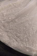 Glamorous Illusion Neckline Ball Gown Beaded Lace Fringe Trim Ruffled Train Wedding Dress E-307