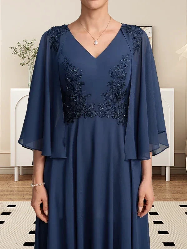A-line V-Neck Tea-Length Chiffon Lace Mother of the Bride Dress With Beading Sequins