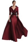 Wine red satin large collar dress