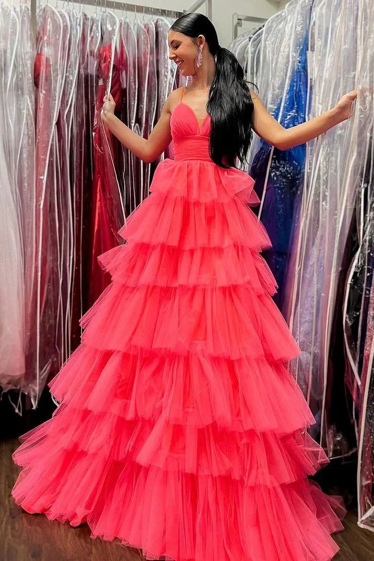 Lavender V-Neck Ruffle Tiered Long Prom Gown