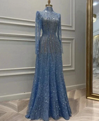 Dreamy Long Sleeve Muslim Evening Dress Luxury Dubai Women Midi Engagement Party Dresses Y6899