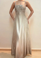 Fashion Spaghetti Straps Satin Tulle Beaded Prom Dress A Line Party Evening Gown Y8139