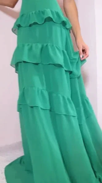 Emerald Green Deep V Neck Layered Ruffles Evening Dress Backless Long Prom Dress Y8386