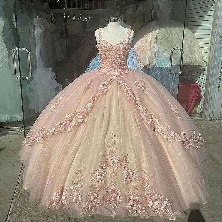 Pink Sparkly Quinceanera Prom Dresses Lace Flower Sweet 16 Tulle Party Ball Gown Y57