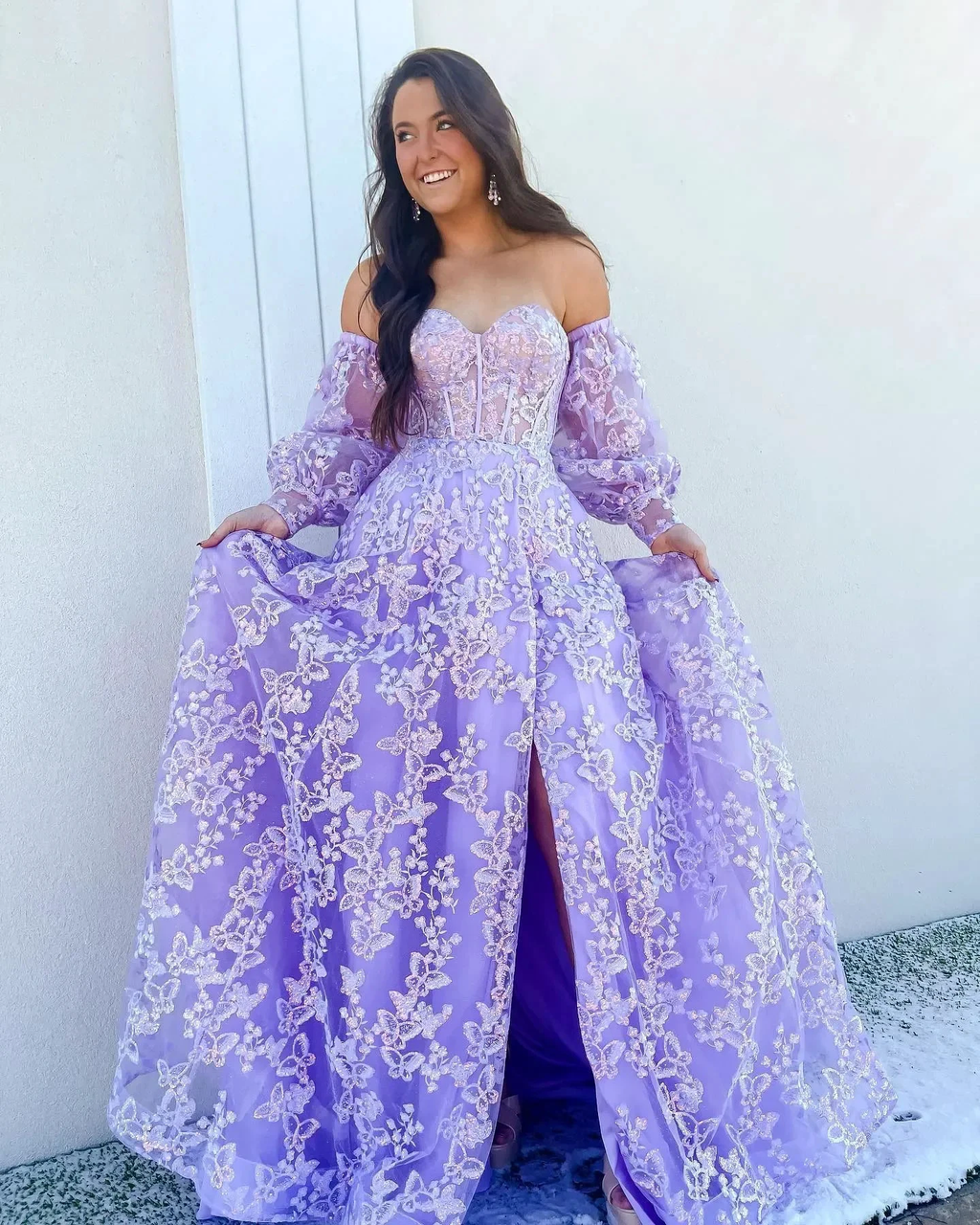 Sparkle Princess Bustier Puff Sleeve Lace Long Prom Dress Detachable Sleeves Evening Dress  Y1805