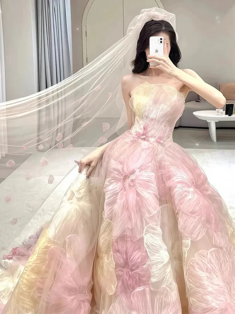 Dream Princess Floral Ball Gown, Strapless A-line Evening Prom Dress,Wedding Dress Y8289