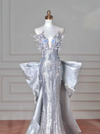 Luxury Silver Sequin 3D Beaded Mermaid Evening Dress Long Prom Dress With Bow Y8640