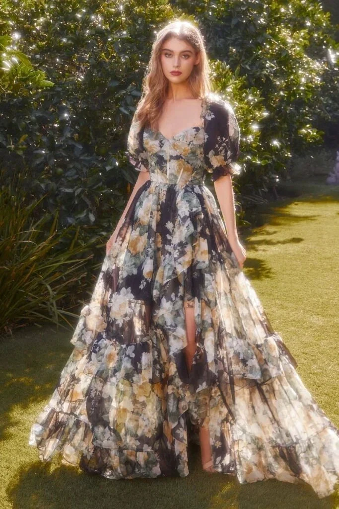 Classy Chiffon Print Floral Ruffles Evening Dress Slit Prom Dress Y8361