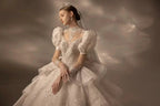 Regal High Neck Puff Sleeve Tulle Wedding Dress with Sequin Embroidery & Layered Ruffle Train Q6020