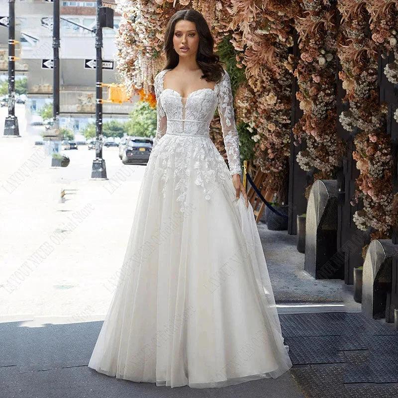 Wedding Dress A Line Removable Long Sleeve Bride Elegant Open Back Lace Bridal Gown Applique Tulle Vestido De Noiva