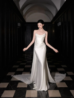 Classy White Satin Chiffon Mermaid Prom Dress,Strapless Long Wedding Dress Y8591