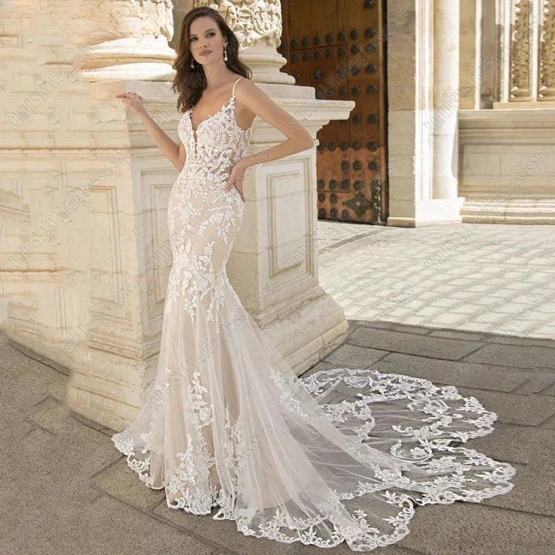 RODDRSYA Gorgeously Mermaid Wedding Dress For Bride Tulle Lace Appliques Court Train Sexy Wedding Gowns