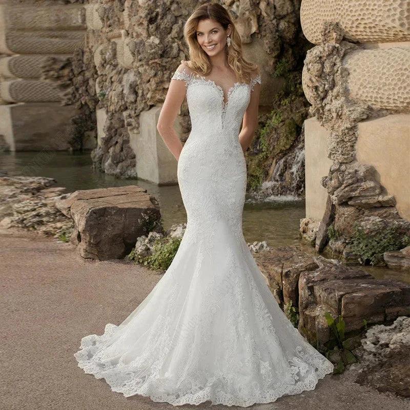 Mermaid Wedding Dress Women Charming Lace Appliques Bridal Gown Robe De Mariée Illusion Short Sleeves Gorgeous Boho