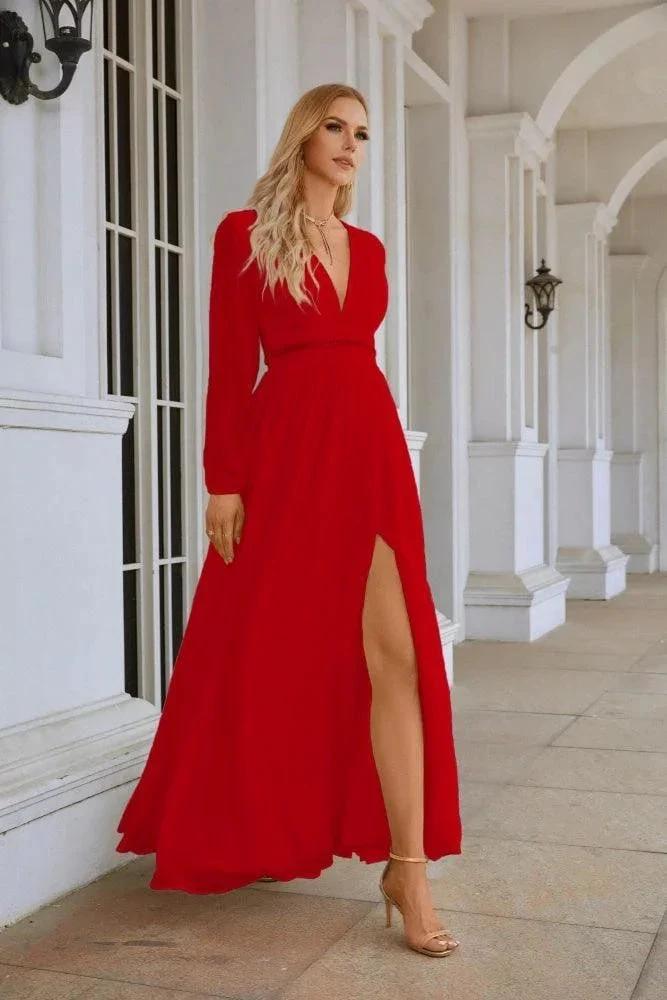 Ladies V Neck Chiffon Long Sleeve Front Slit Bridesmaid Evening Dress Wedding Party Shopping Evening Dress 28109