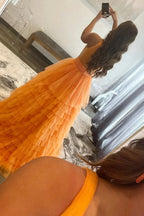 Reese |A-line Orange V-Neck Tulle Long Prom Dress