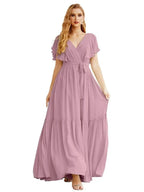 Women's Open Back Formal Evening Party Prom Gowns V-Neck Long Chiffon Bridesmaid Dresses with Waist Belt SEA28038