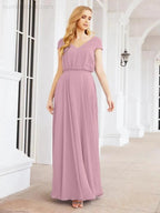 Numbersea V-Neck Bridesmaid Dresses Long Cap Sleeves Prom Evening Formal Gowns 28071