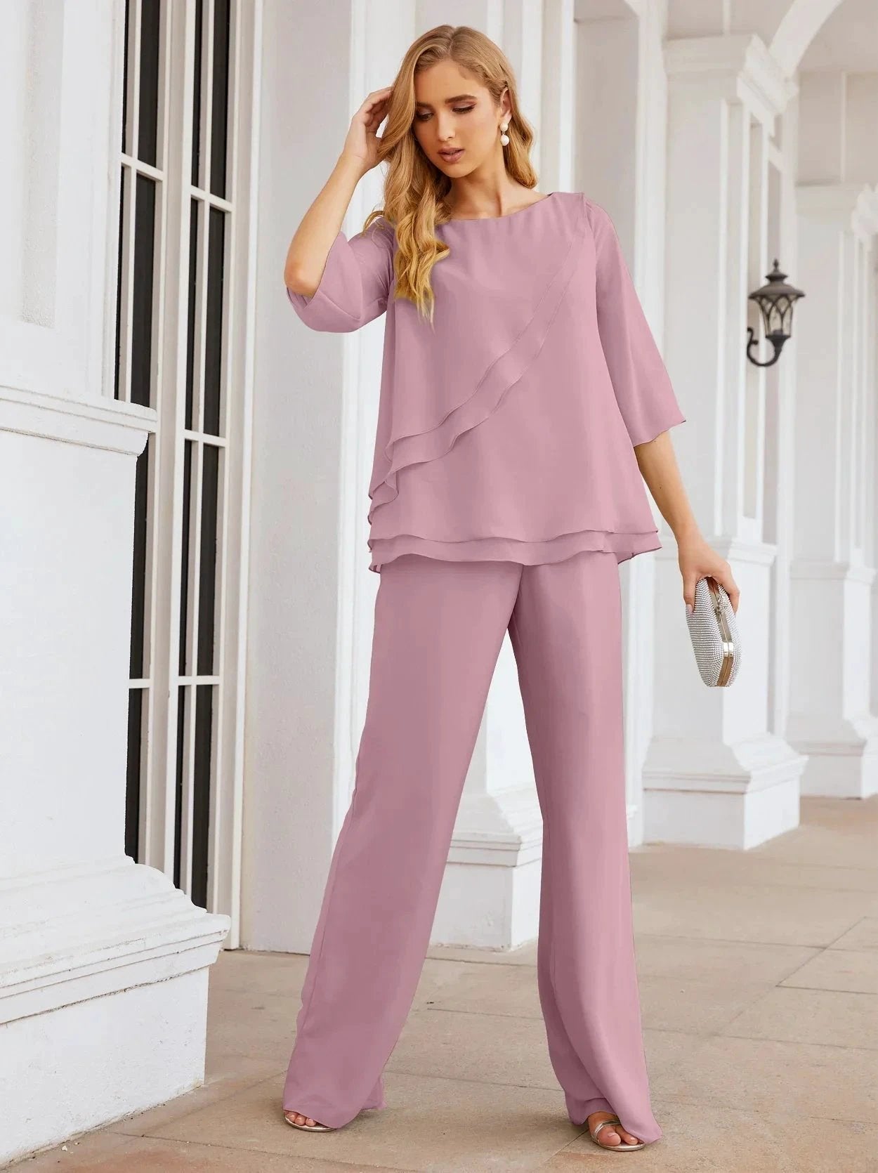 Sunnderly Elegant 2 Piece Mother of The Bride Dress Plus Size Pant Suits Ruffle Layers Sliver Housecoat SY28064