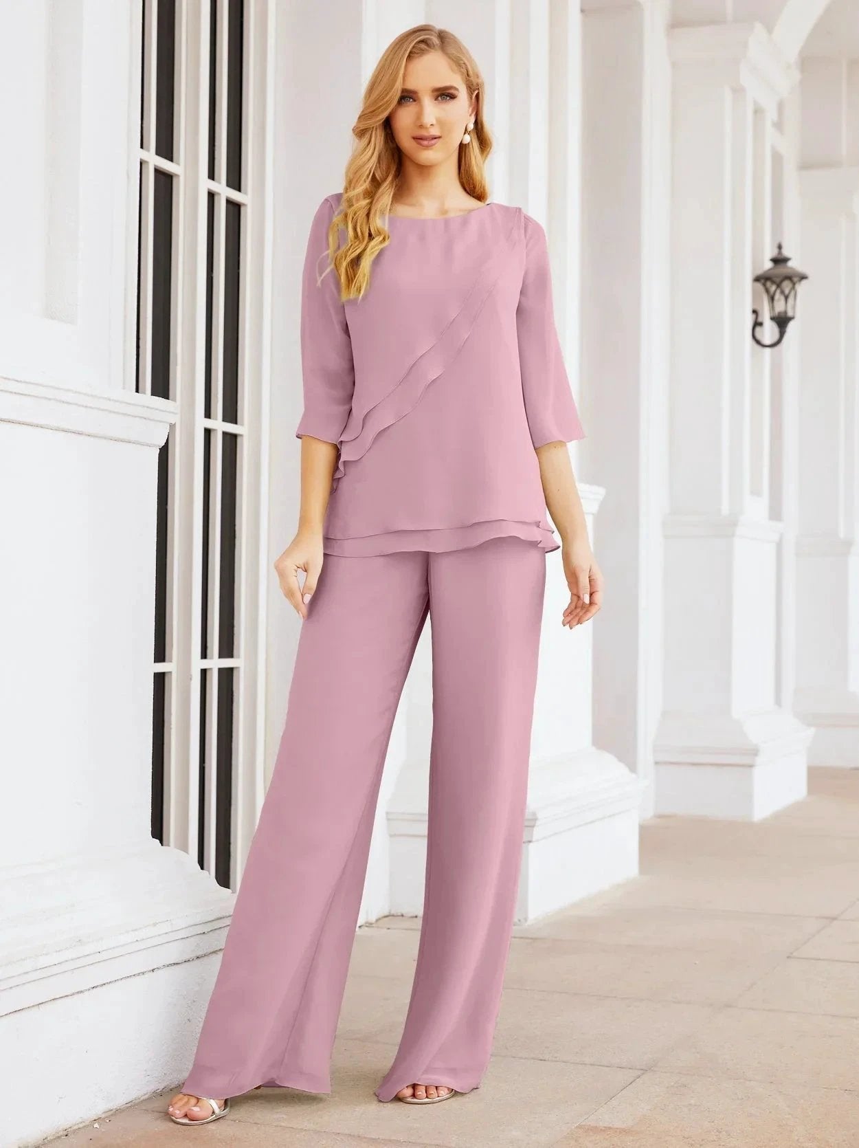 Sunnderly Elegant 2 Piece Mother of The Bride Dress Plus Size Pant Suits Ruffle Layers Sliver Housecoat SY28064