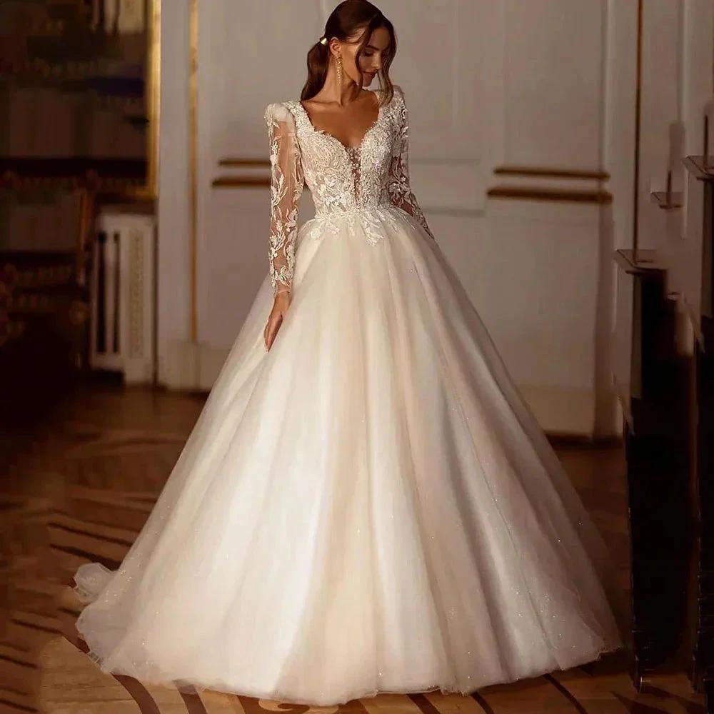 Glitter Champagne Wedding Dresses Long Sleeve Appliques Lace Modern Bridal Dress Tulle Bride Gown vestidos de novia