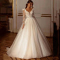 Glitter Champagne Wedding Dresses Long Sleeve Appliques Lace Modern Bridal Dress Tulle Bride Gown vestidos de novia