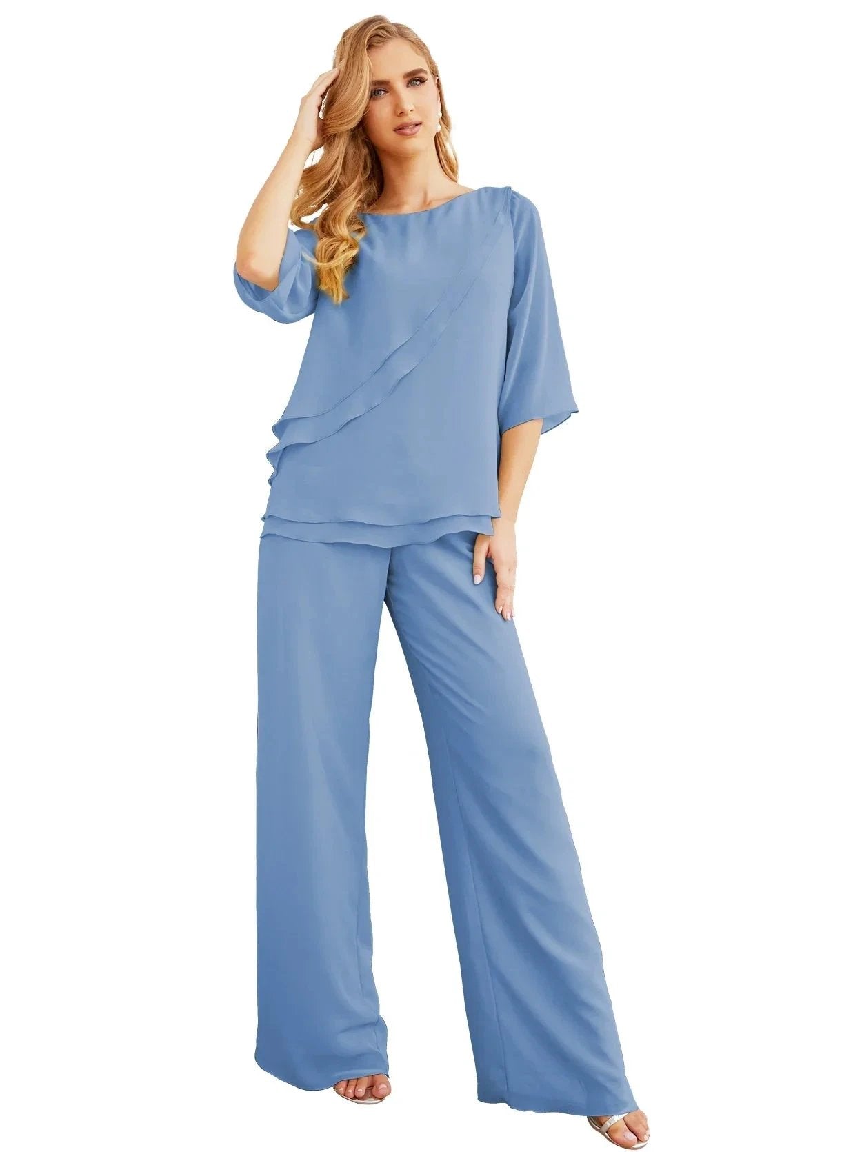Sunnderly Elegant 2 Piece Mother of The Bride Dress Plus Size Pant Suits Ruffle Layers Sliver Housecoat SY28064
