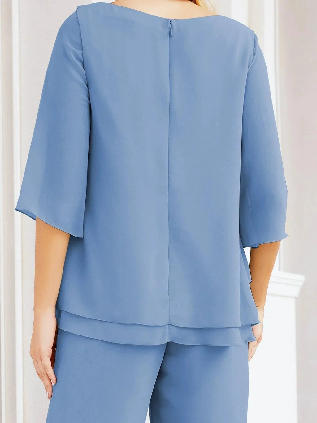 Sunnderly Elegant 2 Piece Mother of The Bride Dress Plus Size Pant Suits Ruffle Layers Sliver Housecoat SY28064