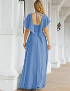 Numbersea Chiffon Bridesmaid Dresses Long Formal Evening Prom Mother of The Bride Dress with Flutter Sleeve     SEA28040
