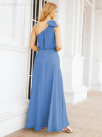 Numbersea Chiffon Ruffled One Shoulder Sleeveless Long Bride Dresses A-line Formal Evening Gown Side Split 28057