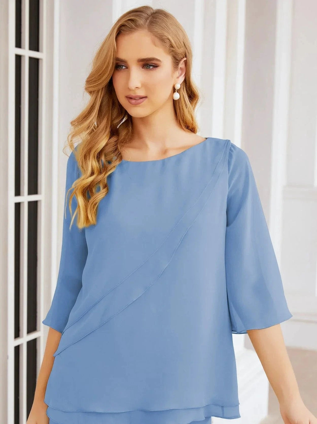 Sunnderly Elegant 2 Piece Mother of The Bride Dress Plus Size Pant Suits Ruffle Layers Sliver Housecoat SY28064