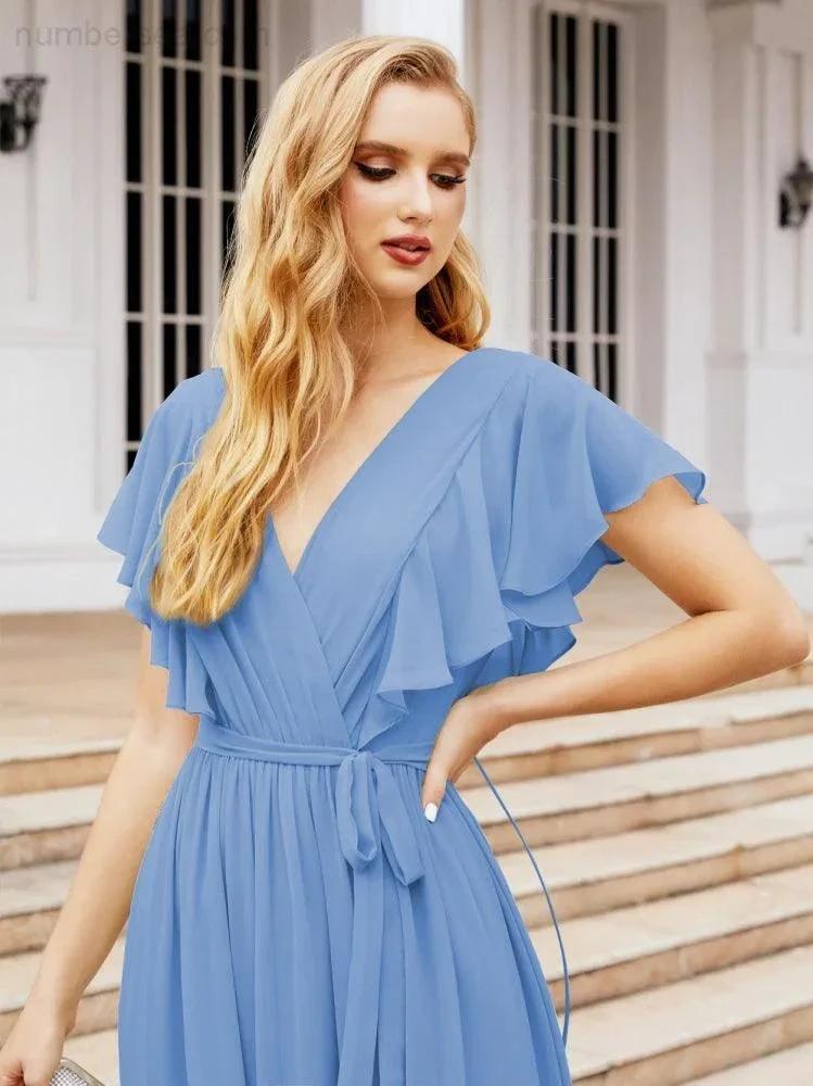 Numbersea Women's Open Back Formal Evening Party Prom Gowns V-Neck Long Chiffon Bridesmaid Dresses with Waist Belt 28038