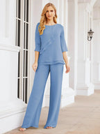 Sunnderly Elegant 2 Piece Mother of The Bride Dress Plus Size Pant Suits Ruffle Layers Sliver Housecoat SY28064