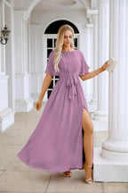 Ladies Chiffon Sleeve Crew Neck Front Slit Floor Length Bridesmaid Evening Dress Wedding Party Evening Dress 28124